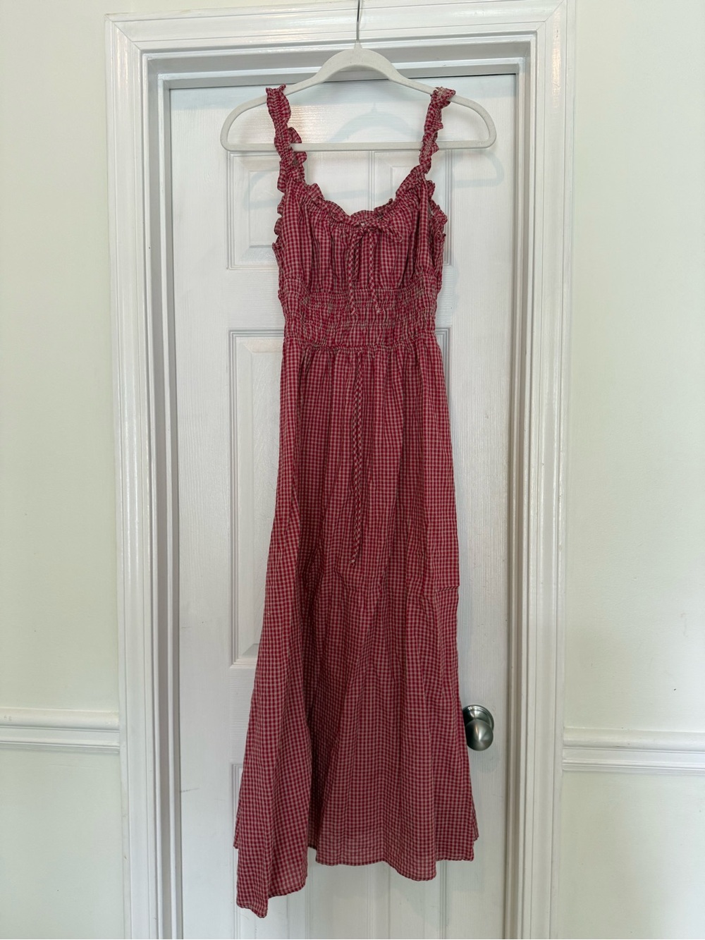 Red Gingham Smocked Maxi Dress with Ruffle Straps